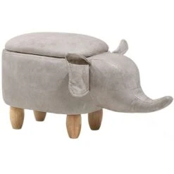 Modern Faux Leather Stool Distressed Solid Wood Animal Light Grey Elephant