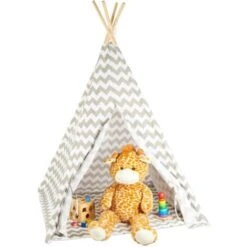 Relaxdays Teepee, Play Tent With Flooring, Includes Bag, Wigwam For Kids, HxWxD: 160 X 115 X 115 Cm, White-grey