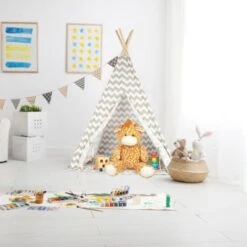Relaxdays Teepee, Play Tent With Flooring, Includes Bag, Wigwam For Kids, HxWxD: 160 X 115 X 115 Cm, White-grey 9 Relaxdays Teepee, Play Tent With Flooring, Includes Bag, Wigwam For Kids, HxWxD: 160 X 115 X 115 Cm, White-grey -Children Furniture Store 16744513 3