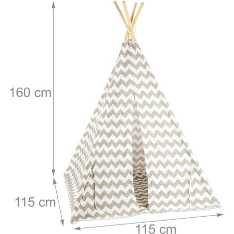 Relaxdays Teepee, Play Tent With Flooring, Includes Bag, Wigwam For Kids, HxWxD: 160 X 115 X 115 Cm, White-grey 6 Relaxdays Teepee, Play Tent With Flooring, Includes Bag, Wigwam For Kids, HxWxD: 160 X 115 X 115 Cm, White-grey - Image 4