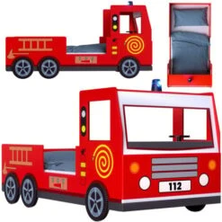 Deuba Children's Bed Frame Red Fire Truck Imitation Kids Bed Car Vehicle Bedroom Furniture Toddler's Bed 200x90cm Single