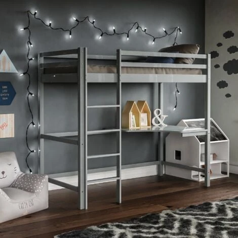 Sydney 3ft Single Solid Pine Wood Bunk Bed With Desk, Grey 3 Sydney 3ft Single Solid Pine Wood Bunk Bed With Desk, Grey