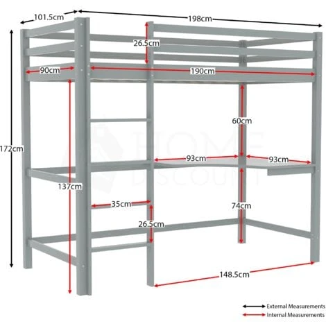 Sydney 3ft Single Solid Pine Wood Bunk Bed With Desk, Grey 4 Sydney 3ft Single Solid Pine Wood Bunk Bed With Desk, Grey - Image 2