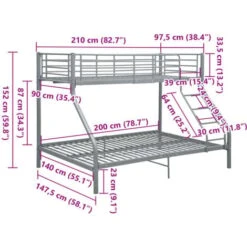 Bunk Bed Frame Grey Metal 140x200 Cm/90x200 Cm VidaXL 9 Bunk Bed Frame Grey Metal 140x200 Cm/90x200 Cm VidaXL -Children Furniture Store 18752813 3