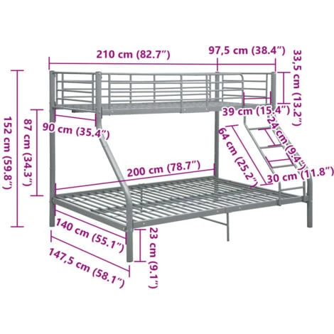 Bunk Bed Frame Grey Metal 140x200 Cm/90x200 Cm VidaXL 5 Bunk Bed Frame Grey Metal 140x200 Cm/90x200 Cm VidaXL - Image 3