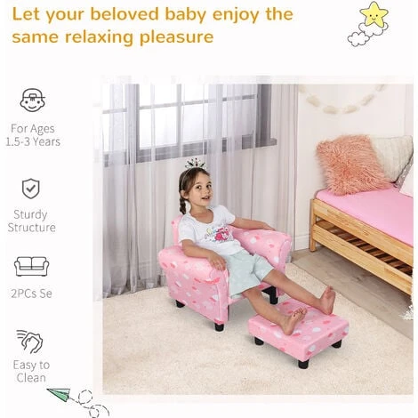 HOMCOM Kids Children Armchair Mini Sofa Wood Frame W/ Footrest Cute Cloud Star Pink 7 HOMCOM Kids Children Armchair Mini Sofa Wood Frame W/ Footrest Cute Cloud Star Pink - Image 5