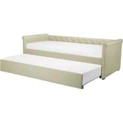 Modern Fabric EU Small Single Trundle Bed Frame Buttoned 2ft6 Beige Libourne