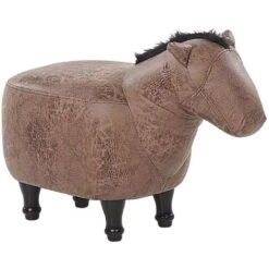 Kids Animal Stool Leather Look Fabric Pouffe Wooden Legs Playroom Brown Horse