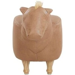 Kids Animal Stool Leather Look Fabric Pouffe Wooden Legs Playroom Beige Horse -Children Furniture Store 25262374 4