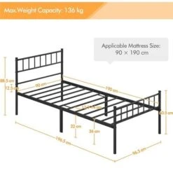 Yaheetech 3ft Single Metal Bed Frame With Headboard And Footboard, 90x190cm, Solid Slatted Base, Black -Children Furniture Store 32347880 5