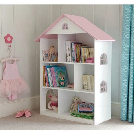 White Dollhouse Bookcase With Pink Roof 3 White Dollhouse Bookcase With Pink Roof