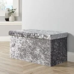 Large Folding Ottoman Grey Ice Velvet Fabric Chest Solid Storage Space Saving