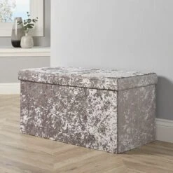 Large Folding Ottoman Silver Ice Velvet Fabric Chest Solid Storage Space Saving