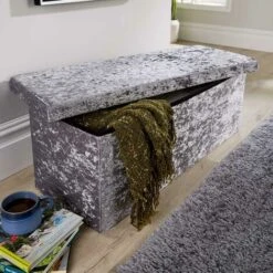 Extra Large Folding Ottoman Grey Ice Velvet Fabric Chest Storage Space Saving
