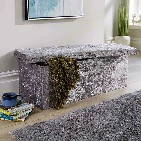 Extra Large Folding Ottoman Grey Ice Velvet Fabric Chest Storage Space Saving 7 Extra Large Folding Ottoman Grey Ice Velvet Fabric Chest Storage Space Saving - Image 5
