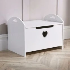 Zoe White Painted Wooden Storage Ottoman Bench Toy Cabinet Trunk Front Heart Cut-Out -Children Furniture Store 36857727 5