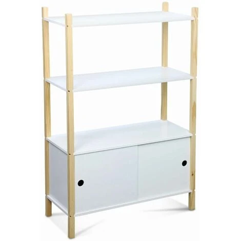 Children's Bookcase With 3 Shelves, Two Sliding Doors, 70x30x106.5cm - Tobias - Natural Pine, Painted White 3 Children's Bookcase With 3 Shelves, Two Sliding Doors, 70x30x106.5cm - Tobias - Natural Pine, Painted White