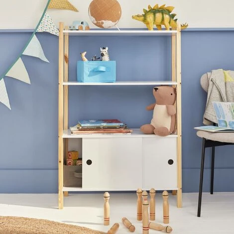 Children's Bookcase With 3 Shelves, Two Sliding Doors, 70x30x106.5cm - Tobias - Natural Pine, Painted White 4 Children's Bookcase With 3 Shelves, Two Sliding Doors, 70x30x106.5cm - Tobias - Natural Pine, Painted White - Image 2