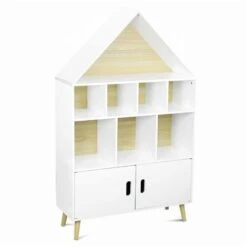 Children's House-shaped Bookcase - 3 Shelves, 8 Compartments, 2 Cupboards, Scandi-style - Tobias - Natural Pine, White