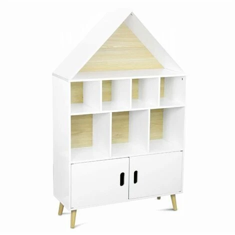Children's House-shaped Bookcase - 3 Shelves, 8 Compartments, 2 Cupboards, Scandi-style - Tobias - Natural Pine, White 3 Children's House-shaped Bookcase - 3 Shelves, 8 Compartments, 2 Cupboards, Scandi-style - Tobias - Natural Pine, White