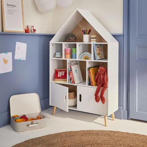 Children's House-shaped Bookcase - 3 Shelves, 8 Compartments, 2 Cupboards, Scandi-style - Tobias - Natural Pine, White 4 Children's House-shaped Bookcase - 3 Shelves, 8 Compartments, 2 Cupboards, Scandi-style - Tobias - Natural Pine, White - Image 2