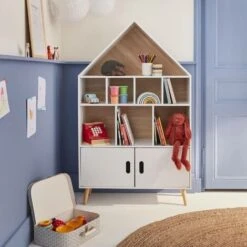 Children's House-shaped Bookcase - 3 Shelves, 8 Compartments, 2 Cupboards, Scandi-style - Tobias - Natural Pine, White 9 Children's House-shaped Bookcase - 3 Shelves, 8 Compartments, 2 Cupboards, Scandi-style - Tobias - Natural Pine, White -Children Furniture Store 45404836 3