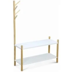 Children's Shoe And Coat Organiser, 2 Shelves And A Coat Stand With 4 Hooks, 80x30x120cm - Tobias - Natural Pine, Painted White