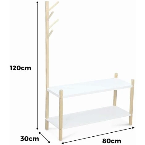 Children's Shoe And Coat Organiser, 2 Shelves And A Coat Stand With 4 Hooks, 80x30x120cm - Tobias - Natural Pine, Painted White 4 Children's Shoe And Coat Organiser, 2 Shelves And A Coat Stand With 4 Hooks, 80x30x120cm - Tobias - Natural Pine, Painted White - Image 2