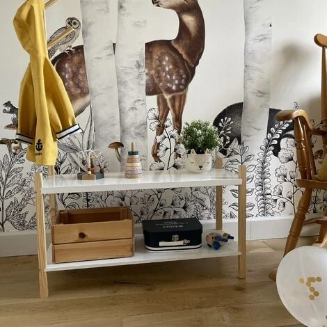 Children's Shoe And Coat Organiser, 2 Shelves And A Coat Stand With 4 Hooks, 80x30x120cm - Tobias - Natural Pine, Painted White 6 Children's Shoe And Coat Organiser, 2 Shelves And A Coat Stand With 4 Hooks, 80x30x120cm - Tobias - Natural Pine, Painted White - Image 4