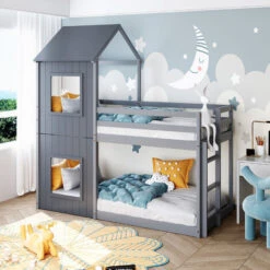 Bunk Bed House Bed 3FT Treehouse Cabin Bed Frame With Treehouse Canopy & Ladder Grey