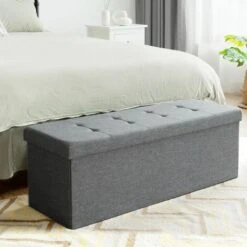 Folding Storage Ottoman Bench Tufted Faux Leather Toy Box Foot Stool Bench Seat