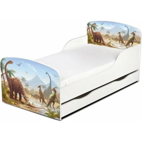 Wooden Bed For Children With A Drawer And A 140/70 Mattres. Dinosaurs UV Print. 3 Wooden Bed For Children With A Drawer And A 140/70 Mattres. Dinosaurs UV Print.