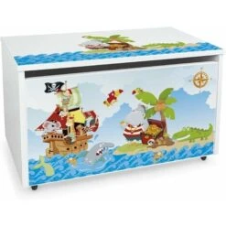 Large Wheeled Wooden Toy Box For With Stool Seat - Pirates