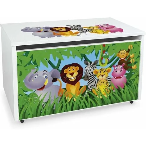 Large Wheeled Wooden Toy Box For With Stool Seat - Jungle Animals 3 Large Wheeled Wooden Toy Box For With Stool Seat - Jungle Animals