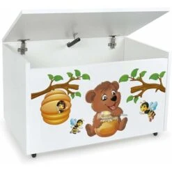 Large Wheeled Wooden Toy Box For With Stool Seat - Bear And Bees