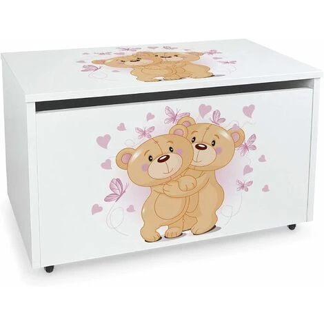 Large Wheeled Wooden Toy Box For With Stool Seat - Teddybears 3 Large Wheeled Wooden Toy Box For With Stool Seat - Teddybears