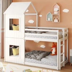 Bunk Bed House Bed 3FT Cabin Bed Frame, Mid-Sleeper With Treehouse Canopy & Ladder White