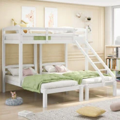 Bunk Bed Triple Sleeper With Side Ladder For Children And Teens, 90x190cm,90x200cm, White