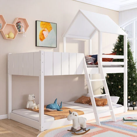 Bunk Bed Loft Bed House Bed 3 FT Kids Single Cabin Bed With Ladder And Guard Rail White 90x190 Cm 3 Bunk Bed Loft Bed House Bed 3 FT Kids Single Cabin Bed With Ladder And Guard Rail White 90x190 Cm