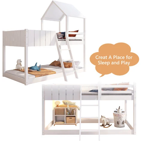 Bunk Bed Loft Bed House Bed 3 FT Kids Single Cabin Bed With Ladder And Guard Rail White 90x190 Cm 5 Bunk Bed Loft Bed House Bed 3 FT Kids Single Cabin Bed With Ladder And Guard Rail White 90x190 Cm - Image 3