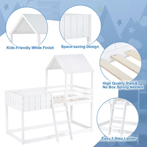 Bunk Bed Loft Bed House Bed 3 FT Kids Single Cabin Bed With Ladder And Guard Rail White 90x190 Cm 6 Bunk Bed Loft Bed House Bed 3 FT Kids Single Cabin Bed With Ladder And Guard Rail White 90x190 Cm - Image 4