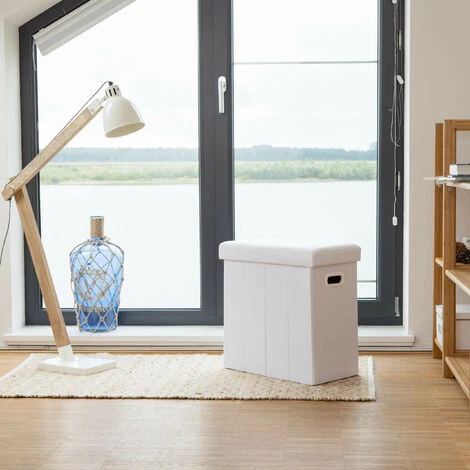 Relaxdays Folding Ottoman, HxWxD: 49.5 X 46 X 25.5 Cm, With Storage, Foldable Footstool, Linen, Polyester, MDF, White 4 Relaxdays Folding Ottoman, HxWxD: 49.5 X 46 X 25.5 Cm, With Storage, Foldable Footstool, Linen, Polyester, MDF, White - Image 2