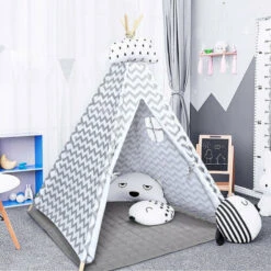 Kids Teepee Tent With Floor Mat Cotton Canvas Indian Indoor Outdoor Play House