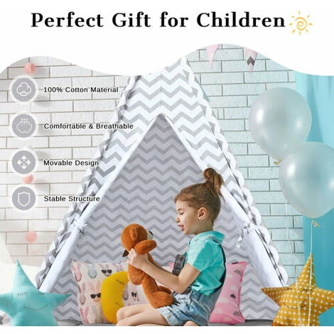 Kids Teepee Tent With Floor Mat Cotton Canvas Indian Indoor Outdoor Play House 5 Kids Teepee Tent With Floor Mat Cotton Canvas Indian Indoor Outdoor Play House - Image 3