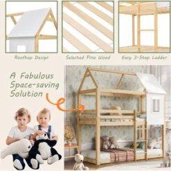 Kids Bunk Bed 3FT Tree House Bed Kids Bed Frames Cabin Bed With Safety Guardrail, Convertible Ladder Window For Kids, Natural -Children Furniture Store 57126604 4