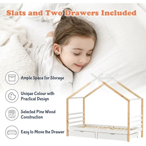 Single Beds For Children, 3 Ft Wooden House Bed Frames With Drawer 190 X 90 Cm 5 Single Beds For Children, 3 Ft Wooden House Bed Frames With Drawer 190 X 90 Cm - Image 3