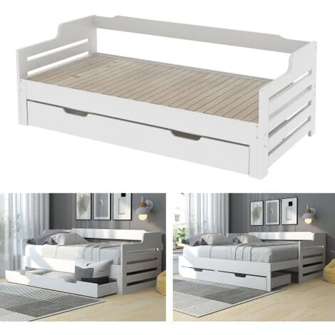 Wooden Daybed With Trundle And Drawer, 3 Ft Single Guest Bed For Living Room And Bedroom 90 X190 Cm White 4 Wooden Daybed With Trundle And Drawer, 3 Ft Single Guest Bed For Living Room And Bedroom 90 X190 Cm White - Image 2