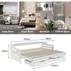 Wooden Daybed With Trundle And Drawer, 3 Ft Single Guest Bed For Living Room And Bedroom 90 X190 Cm White 11 Wooden Daybed With Trundle And Drawer, 3 Ft Single Guest Bed For Living Room And Bedroom 90 X190 Cm White -Children Furniture Store 57765830 5