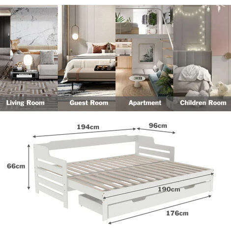 Wooden Daybed With Trundle And Drawer, 3 Ft Single Guest Bed For Living Room And Bedroom 90 X190 Cm White 7 Wooden Daybed With Trundle And Drawer, 3 Ft Single Guest Bed For Living Room And Bedroom 90 X190 Cm White - Image 5