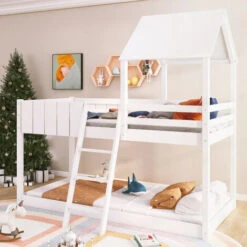 3ft Wooden Bunk Bed For Children, 90 X 190 Cm Mid-Sleeper Cabin Bed, Single Treehouse Canopy For Kids White
